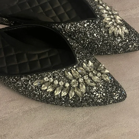 Birdies Swan Jeweled Gunmetal - Black Sparkle Embellished Mules- Size 10- - Picture 4 of 10